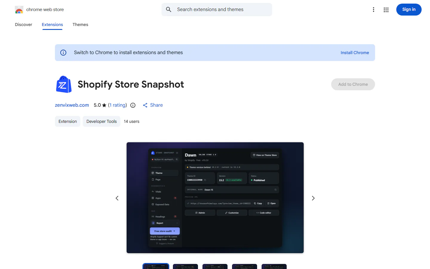 Shopify Store Snapshot listing on the Chrome Web Store